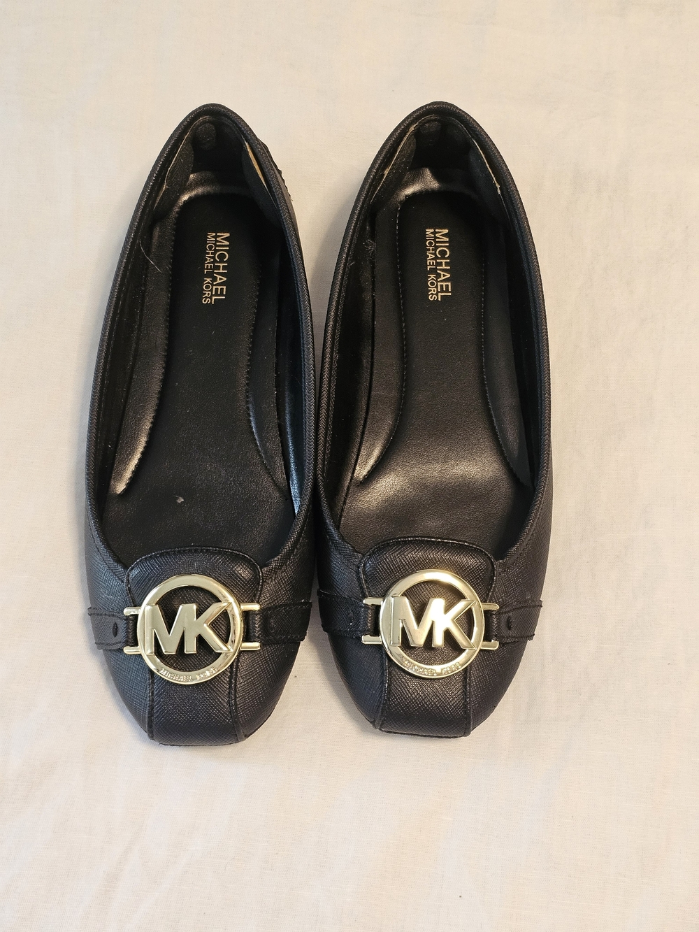 Michael Kors Black Leather MK Logo Moccasins with Gold Emblem